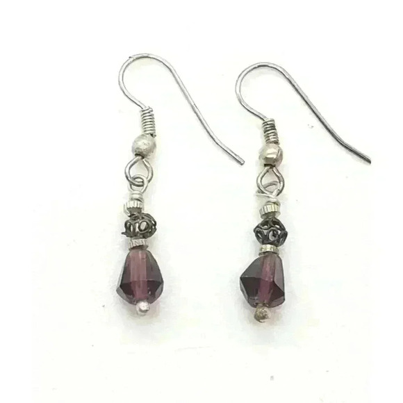 Vintage Sterling Silver & Amethyst Beaded Dangle Drop Earrings Artisan 1970s - Picture 2 of 7
